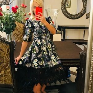 Floral Lace-Trim Midi Dress in Black